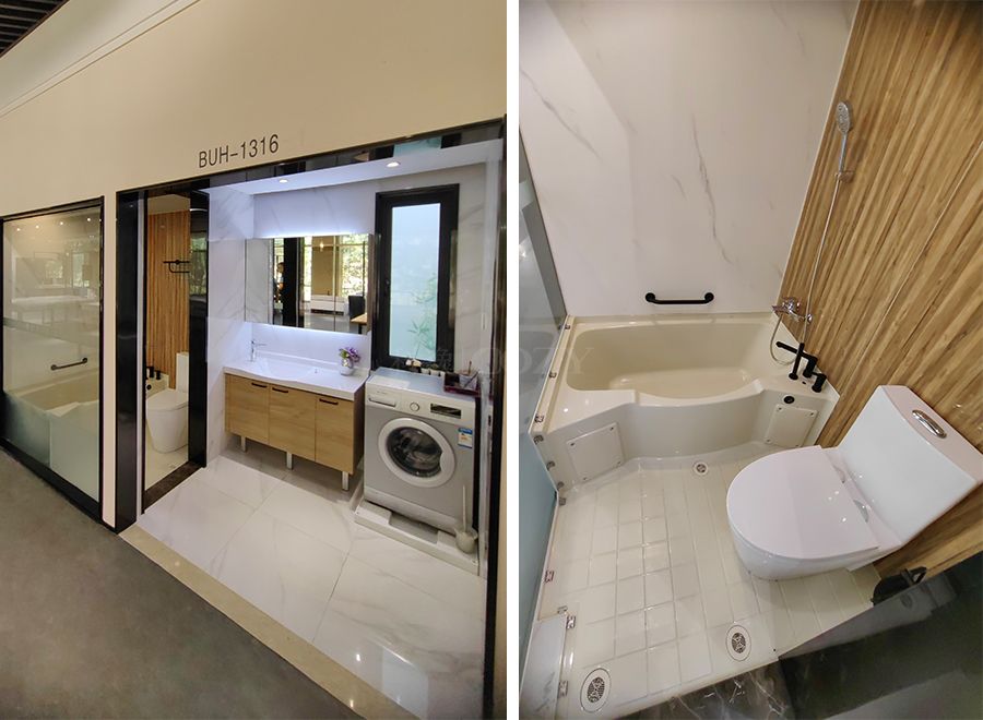 Baño prefabricado japonés impermeable todo en uno con bañera y función de inodoro (BUH1316)