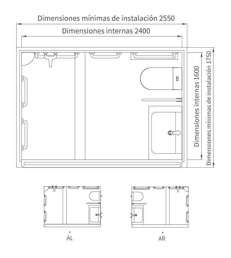 Unidad de baño prefabricada, unidades de baño prefabricadas con inodoro y reposabrazos para hospitales (BUN1624)